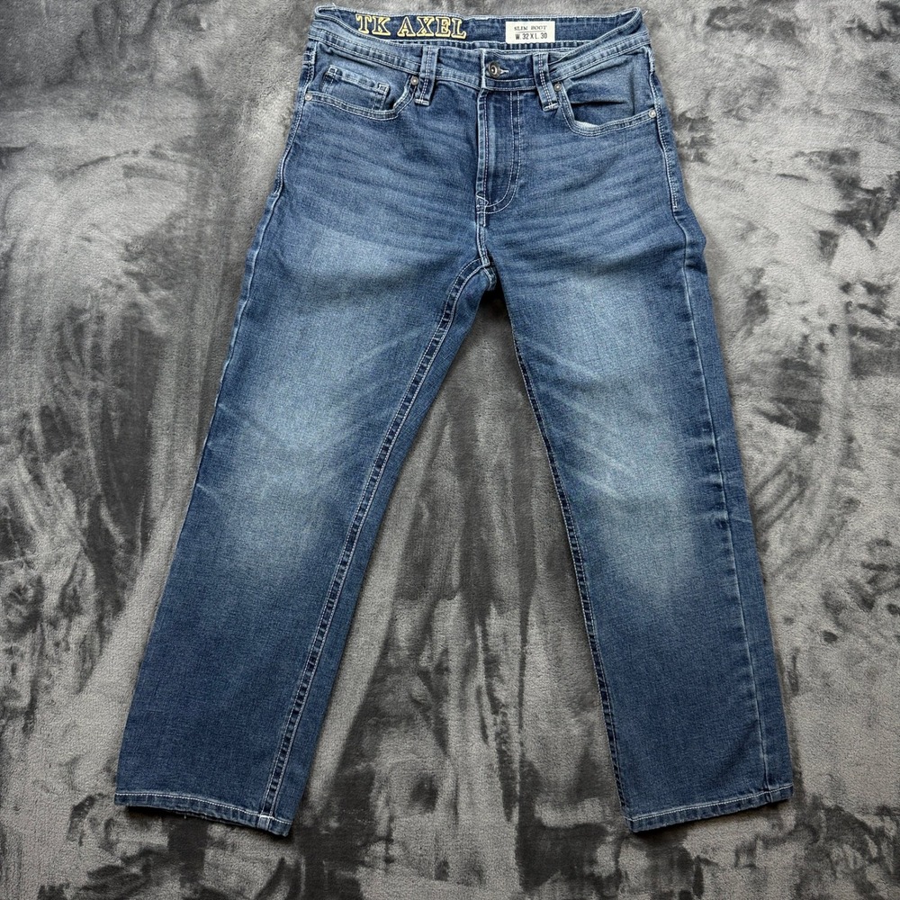 TK Axel Slim Boot Jeans Mens 32x30 Blue Embroidered Flap Pocket Denim Pants